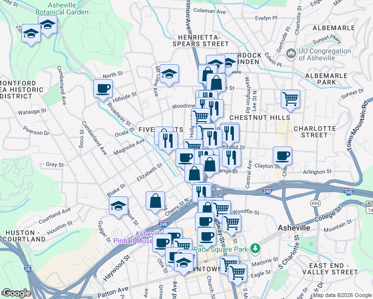 map of restaurants, bars, coffee shops, grocery stores, and more near 25 Monroe Place in Asheville