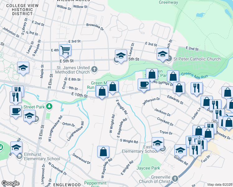 map of restaurants, bars, coffee shops, grocery stores, and more near 2201 East 10th Street in Greenville