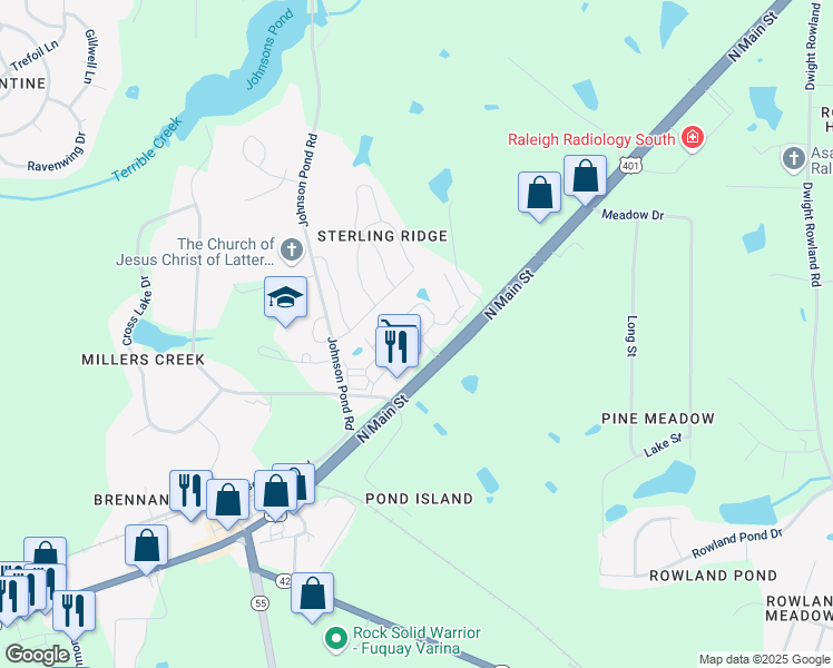 map of restaurants, bars, coffee shops, grocery stores, and more near 2113 Cinema Drive in Fuquay Varina