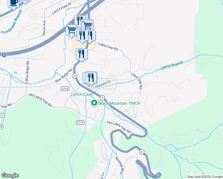 map of restaurants, bars, coffee shops, grocery stores, and more near 21 Chaucer Road in Black Mountain