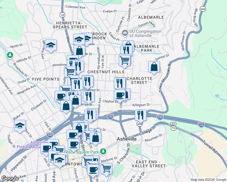 map of restaurants, bars, coffee shops, grocery stores, and more near 223 East Chestnut Street in Asheville