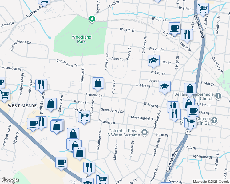map of restaurants, bars, coffee shops, grocery stores, and more near 408 Hatcher Lane in Columbia