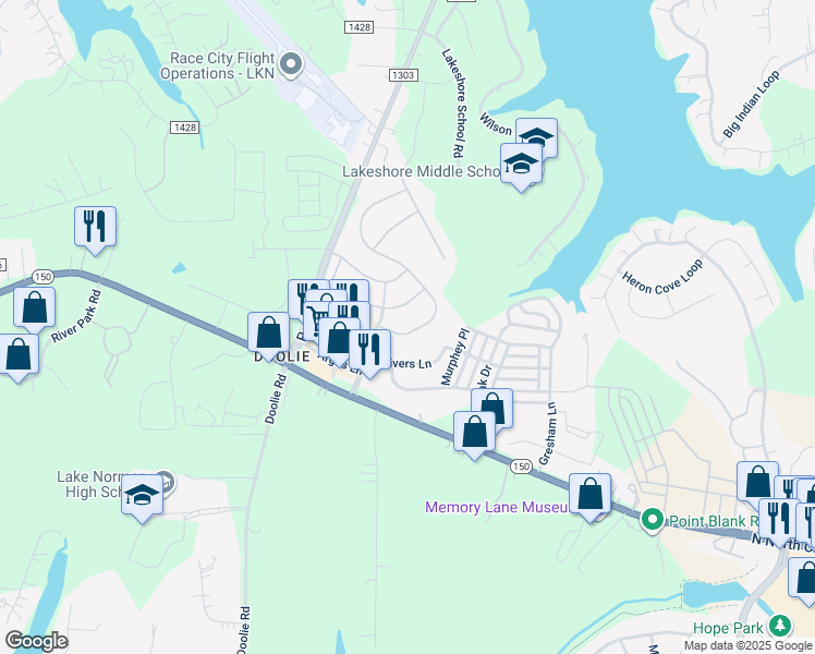 map of restaurants, bars, coffee shops, grocery stores, and more near 121 Blossom Ridge Drive in Mooresville