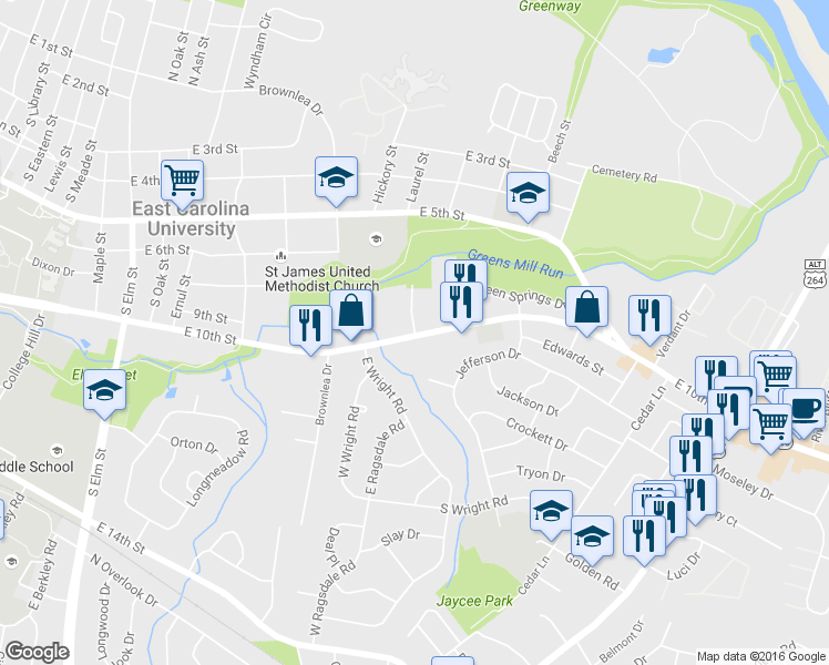 map of restaurants, bars, coffee shops, grocery stores, and more near 998 College View Apartments Rd in Greenville