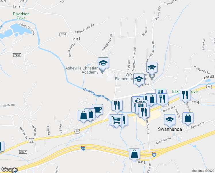 map of restaurants, bars, coffee shops, grocery stores, and more near 56 Riverwood Road in Swannanoa