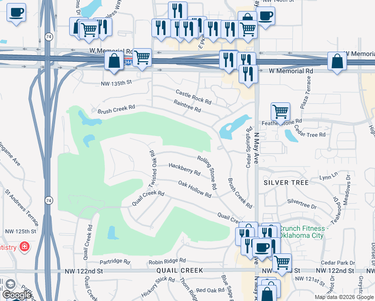 map of restaurants, bars, coffee shops, grocery stores, and more near 3116 Rolling Stone Road in Oklahoma City