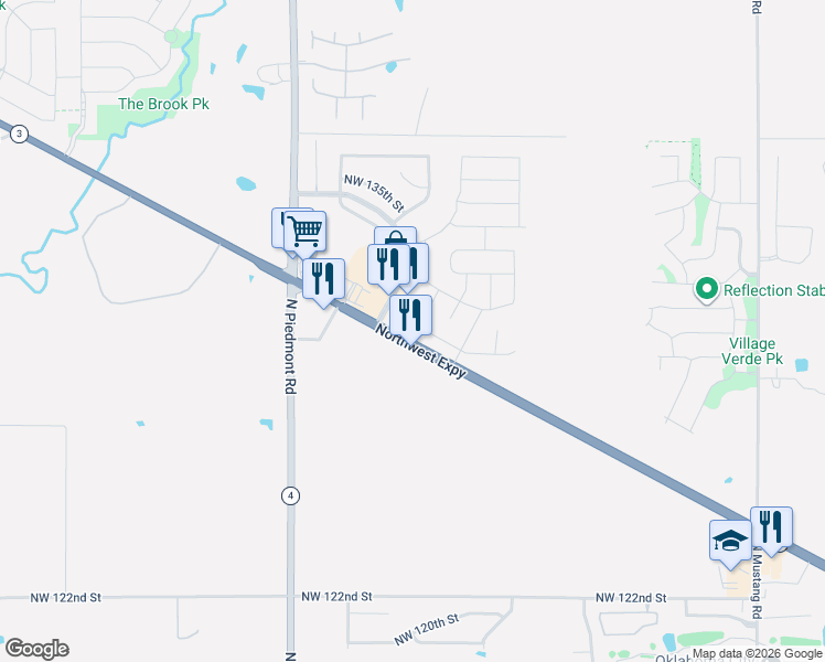 map of restaurants, bars, coffee shops, grocery stores, and more near 11816 Northwest 130th Street in Piedmont