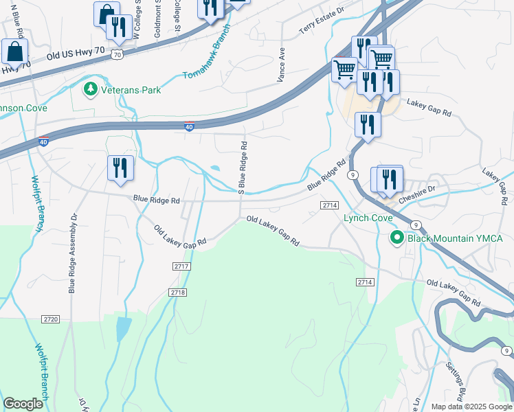 map of restaurants, bars, coffee shops, grocery stores, and more near 501 Sweet Birch Park Lane in Black Mountain