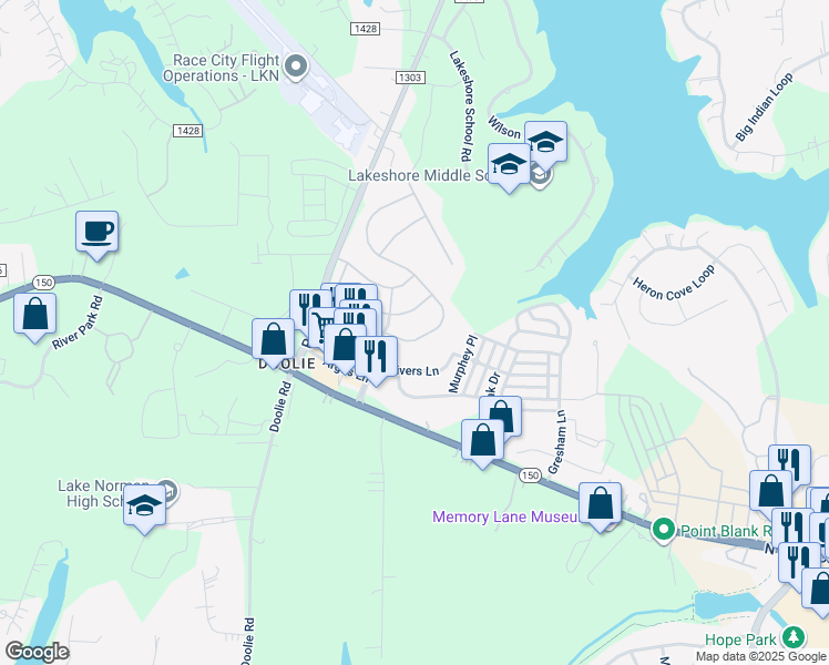 map of restaurants, bars, coffee shops, grocery stores, and more near 121 Blossom Ridge Drive in Mooresville
