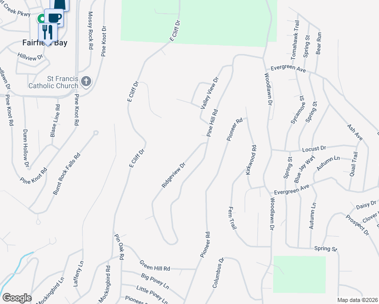map of restaurants, bars, coffee shops, grocery stores, and more near 120 Ridgeview Drive in Fairfield Bay