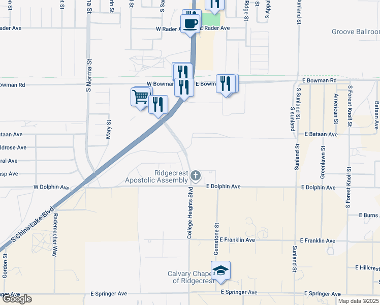 map of restaurants, bars, coffee shops, grocery stores, and more near 1216 Beasley Street in Ridgecrest