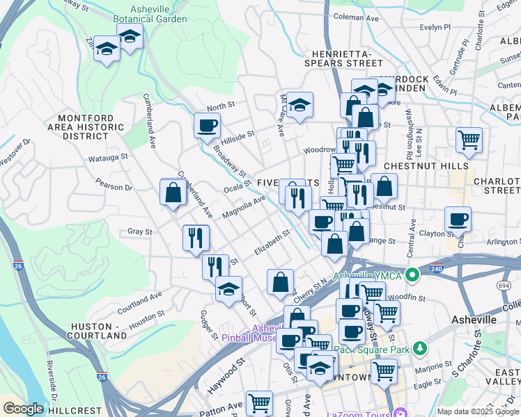 map of restaurants, bars, coffee shops, grocery stores, and more near 63 Woodlawn Avenue in Asheville