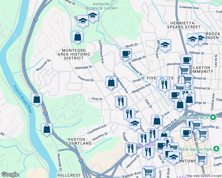 map of restaurants, bars, coffee shops, grocery stores, and more near in Asheville