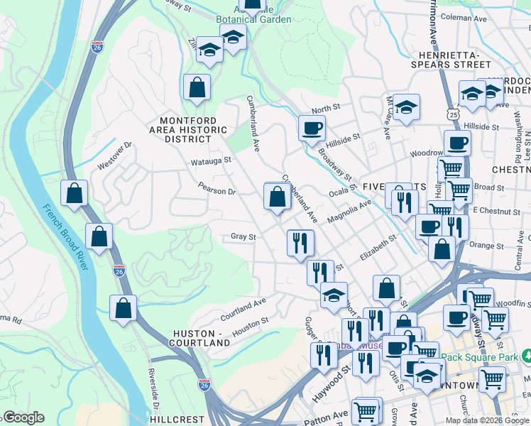 map of restaurants, bars, coffee shops, grocery stores, and more near 104 Pearson Drive in Asheville