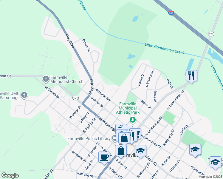 map of restaurants, bars, coffee shops, grocery stores, and more near 4274 Pinehurst Court in Farmville