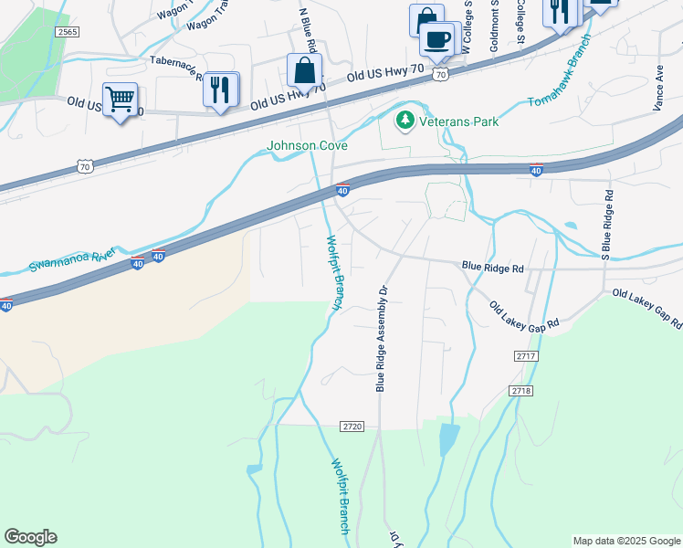 map of restaurants, bars, coffee shops, grocery stores, and more near 25 Wolf Creek Drive in Black Mountain