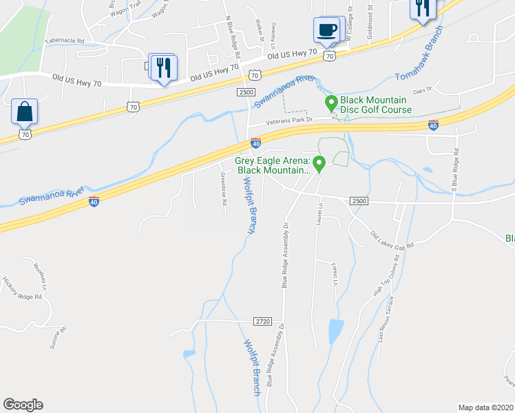 map of restaurants, bars, coffee shops, grocery stores, and more near 25 Wolf Creek Drive in Black Mountain