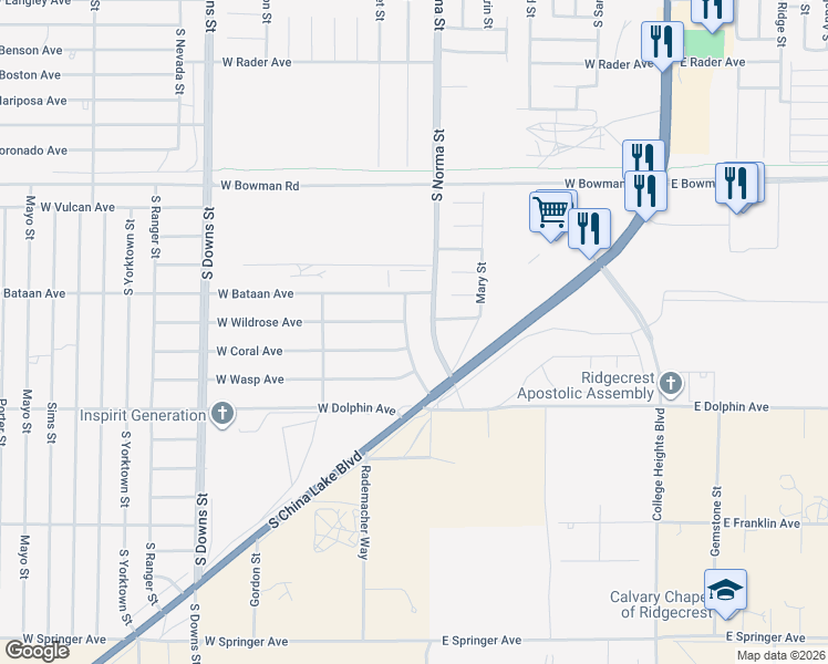 map of restaurants, bars, coffee shops, grocery stores, and more near 1209 South Norma Street in Ridgecrest