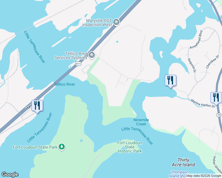 map of restaurants, bars, coffee shops, grocery stores, and more near 665 Clearview Drive in Maryville