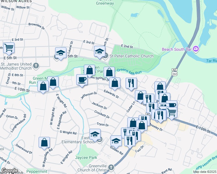 map of restaurants, bars, coffee shops, grocery stores, and more near 2712 East 10th Street in Greenville