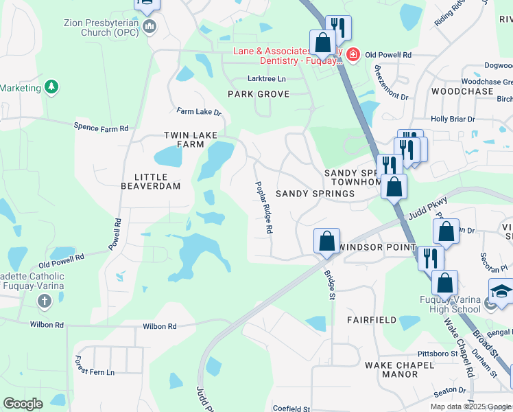 map of restaurants, bars, coffee shops, grocery stores, and more near 703 Pepperstone Court in Fuquay-Varina