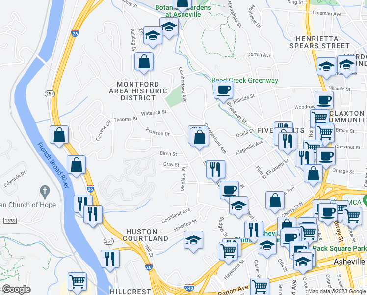 map of restaurants, bars, coffee shops, grocery stores, and more near 121 Pearson Drive in Asheville
