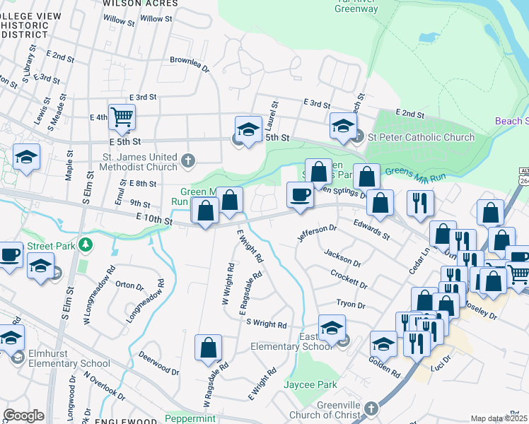 map of restaurants, bars, coffee shops, grocery stores, and more near 2305 East 10th Street in Greenville