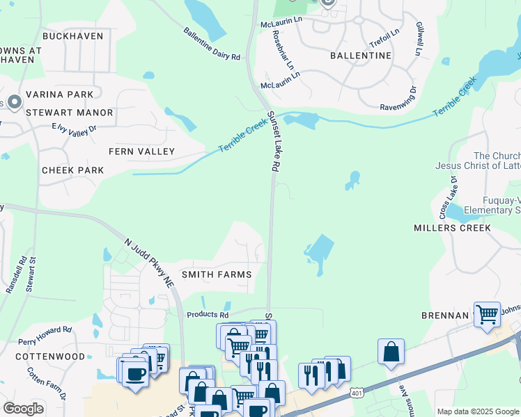 map of restaurants, bars, coffee shops, grocery stores, and more near 7221 Sunset Lake Road in Fuquay-Varina
