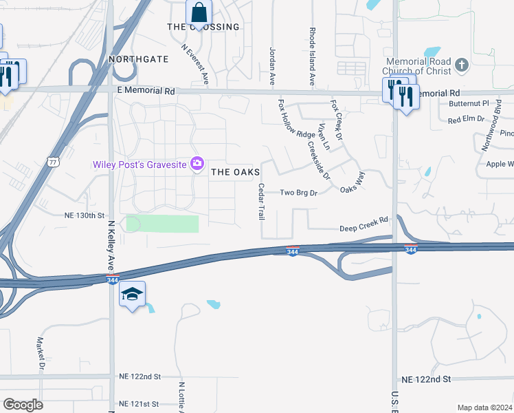 map of restaurants, bars, coffee shops, grocery stores, and more near 13217 Cedar Trail in Oklahoma City