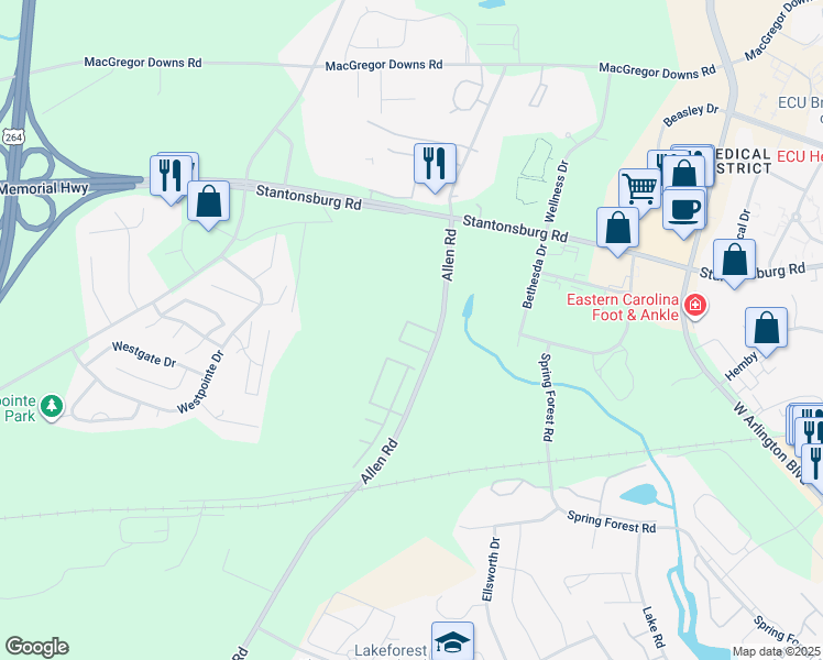 map of restaurants, bars, coffee shops, grocery stores, and more near 1228 Allen Road in Greenville