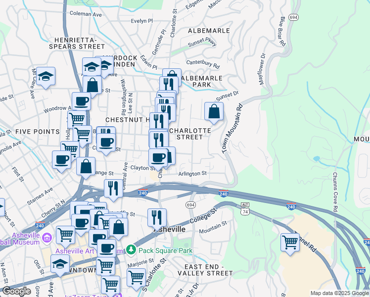 map of restaurants, bars, coffee shops, grocery stores, and more near 289 East Chestnut Street in Asheville