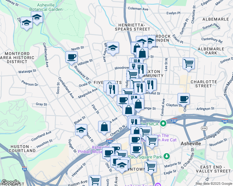 map of restaurants, bars, coffee shops, grocery stores, and more near 251 Broadway Street in Asheville