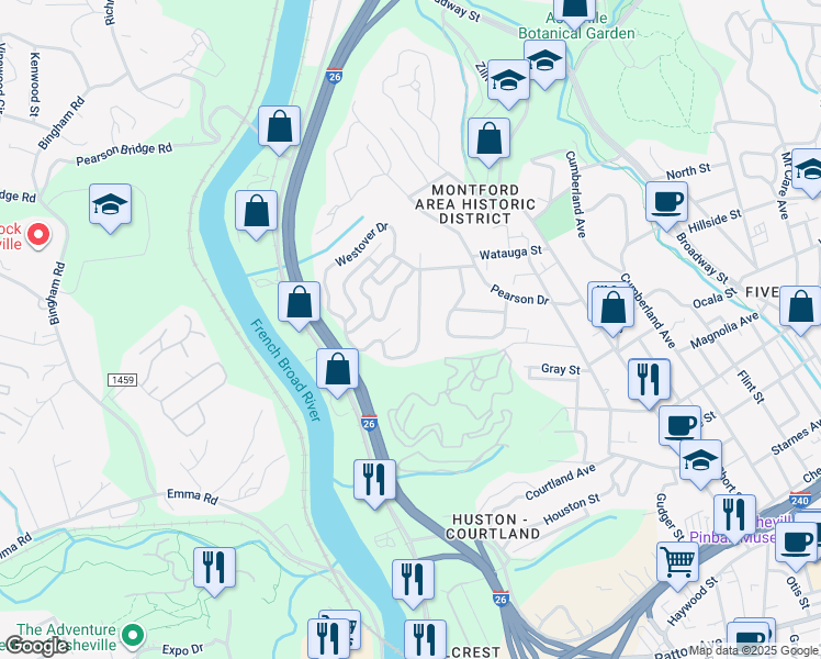 map of restaurants, bars, coffee shops, grocery stores, and more near 74 Westover Drive in Asheville
