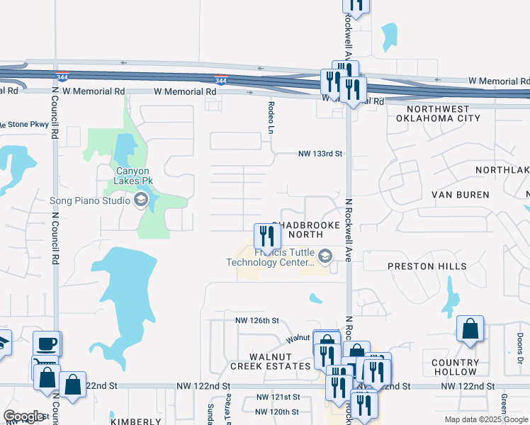 map of restaurants, bars, coffee shops, grocery stores, and more near 7425 Northwest 129th Street in Oklahoma City