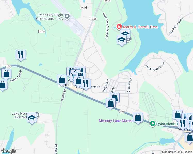 map of restaurants, bars, coffee shops, grocery stores, and more near 121 Blossom Ridge Drive in Mooresville