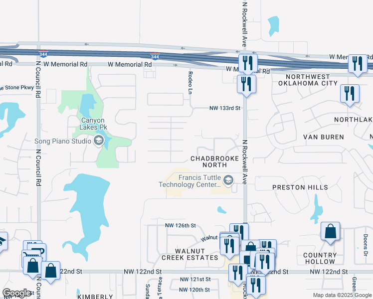 map of restaurants, bars, coffee shops, grocery stores, and more near 7425 Northwest 129th Street in Oklahoma City