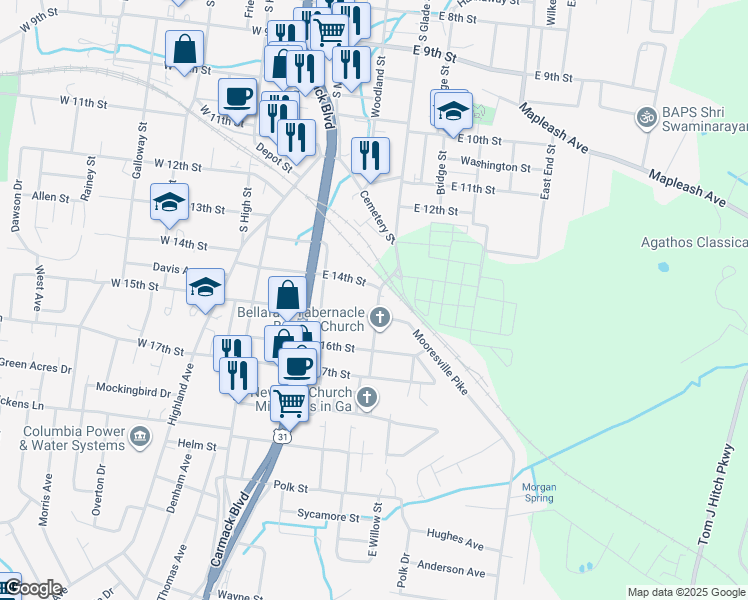 map of restaurants, bars, coffee shops, grocery stores, and more near 1512 Whatley Street in Columbia