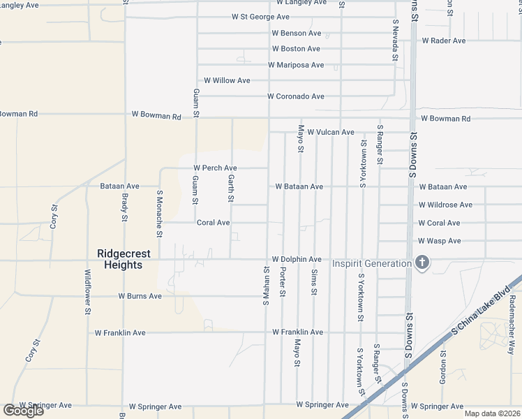 map of restaurants, bars, coffee shops, grocery stores, and more near 1165 South Mahan Street in Ridgecrest