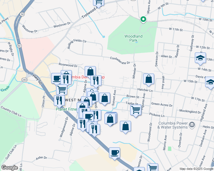 map of restaurants, bars, coffee shops, grocery stores, and more near Hatcher Lane in Columbia