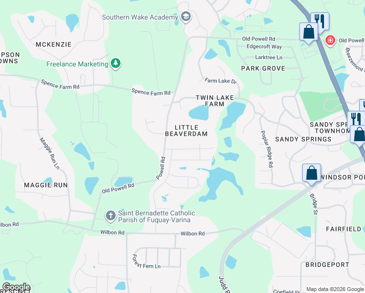 map of restaurants, bars, coffee shops, grocery stores, and more near 1909 Little Beaverdam Court in Holly Springs