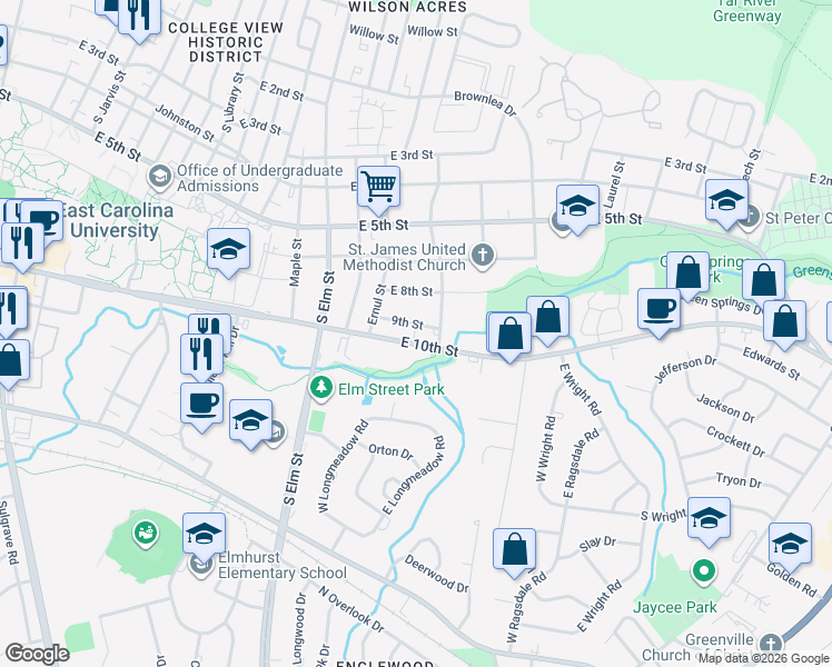map of restaurants, bars, coffee shops, grocery stores, and more near in Greenville