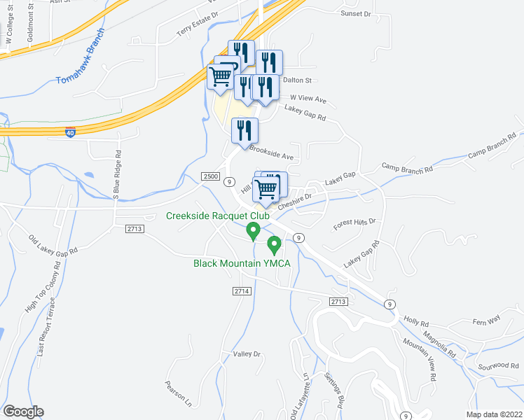 map of restaurants, bars, coffee shops, grocery stores, and more near 2 East Market Street in Black Mountain