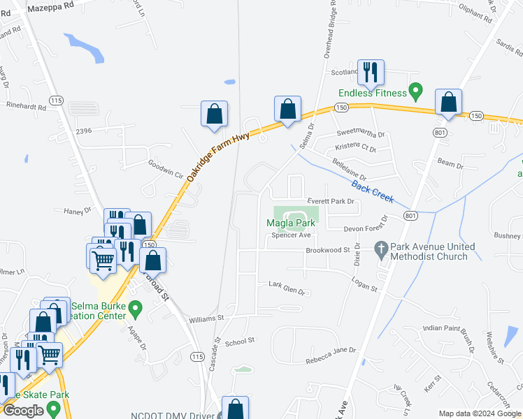 map of restaurants, bars, coffee shops, grocery stores, and more near 29 Selma Drive in Mooresville