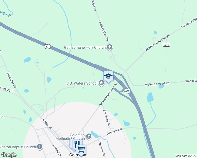 map of restaurants, bars, coffee shops, grocery stores, and more near 134 Lula Klass Road in Goldston