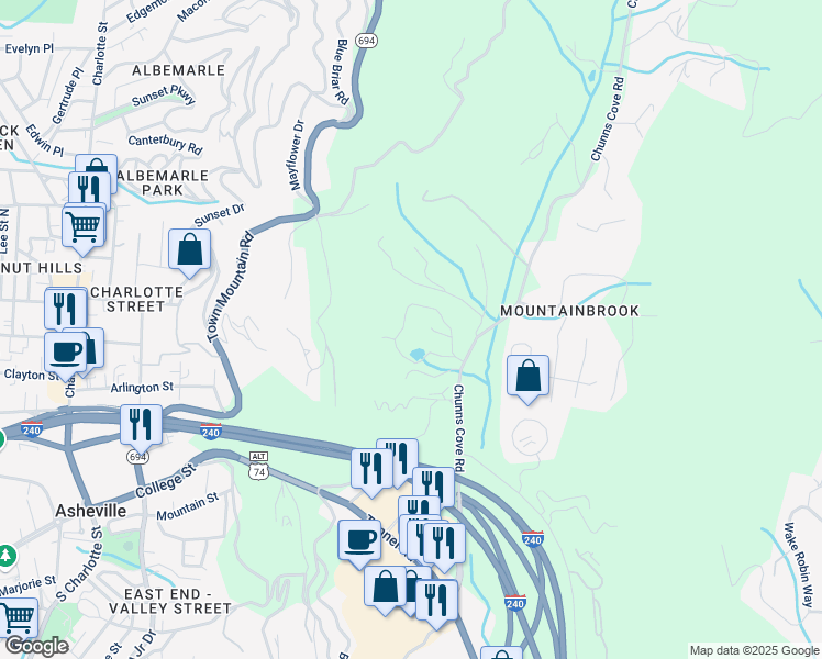 map of restaurants, bars, coffee shops, grocery stores, and more near 27 Rollingwood Road in Asheville