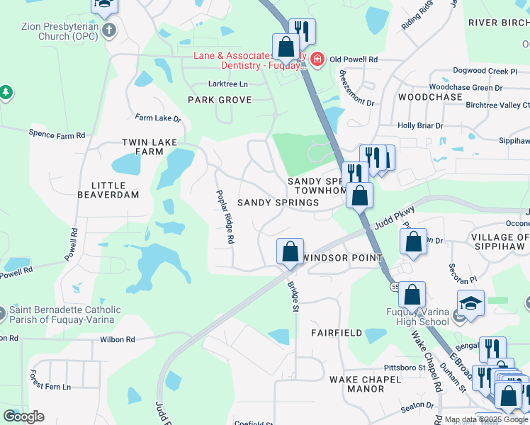 map of restaurants, bars, coffee shops, grocery stores, and more near 1513 Laverton Court in Fuquay Varina