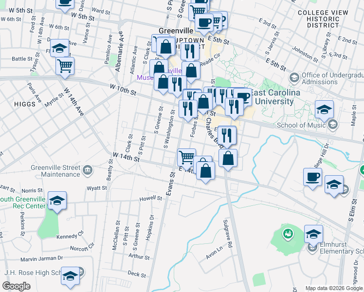 map of restaurants, bars, coffee shops, grocery stores, and more near 1109 Evans Street in Greenville