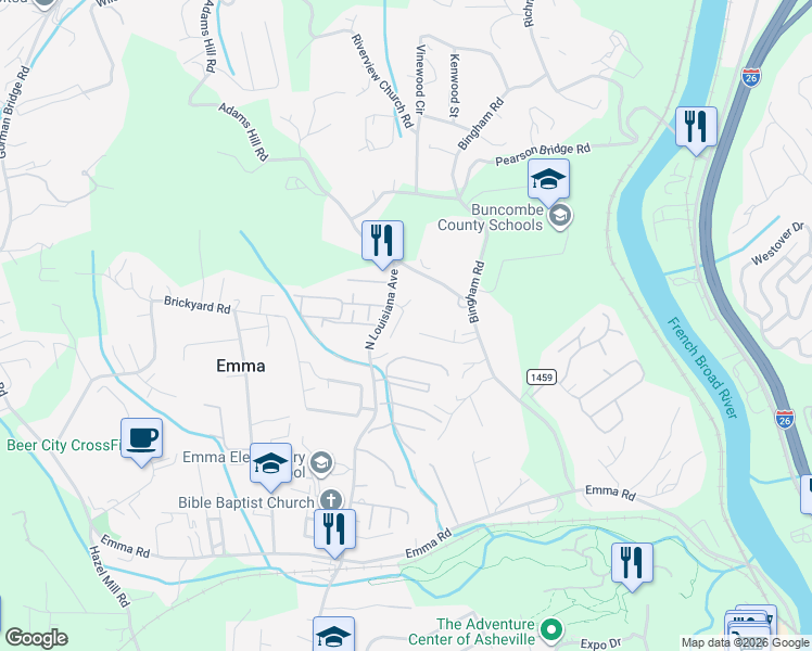 map of restaurants, bars, coffee shops, grocery stores, and more near 26 Adams Hill Road in Asheville
