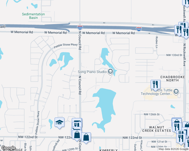 map of restaurants, bars, coffee shops, grocery stores, and more near 13201 Blue Canyon Circle in Oklahoma City