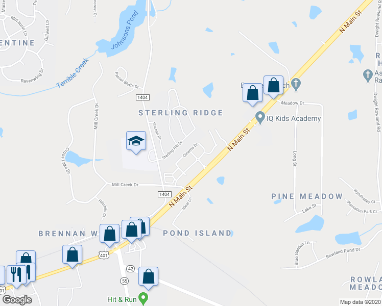 map of restaurants, bars, coffee shops, grocery stores, and more near 2100 Cinema Drive in Fuquay Varina
